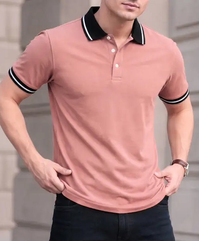 Men Solid Polo Neck Cotton Blend Pink T-Shirt With Multi Color