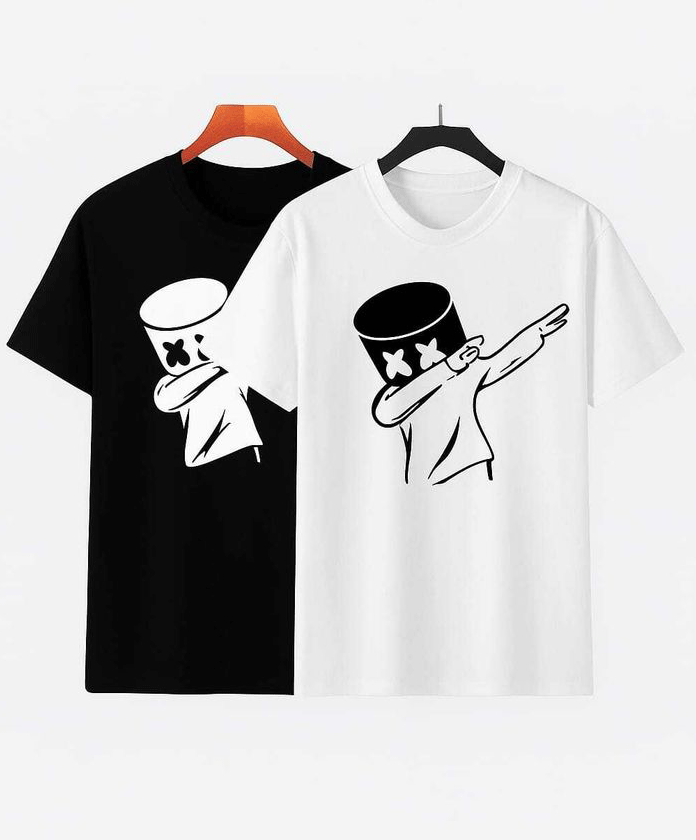 DayalTShirt Men Printed Round Neck Cotton Blend Black, White T-Shirt