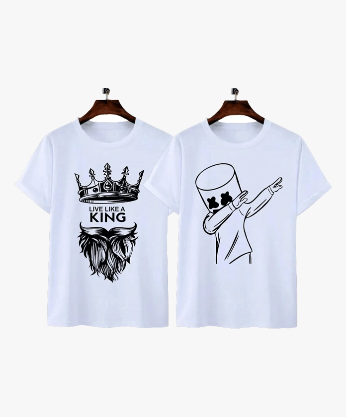 TIGERSNAKE Pack of 2 Men Printed Round Neck Polycotton White T-Shirt
