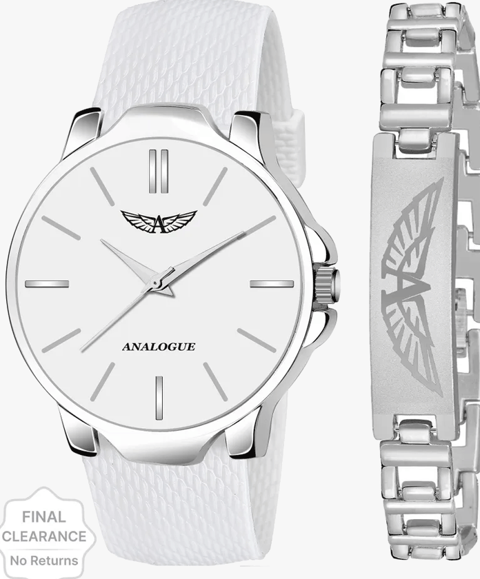 ANALOGUE All White | Branded Bracelet | Stainless Steel | Combo | Silicon Mesh | Boys Analog Watch  - For Men 448-WHITE-WHITE-BRACELET-SILVER